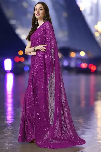 magenta georgette sequins work saree with unstitched blouse piece