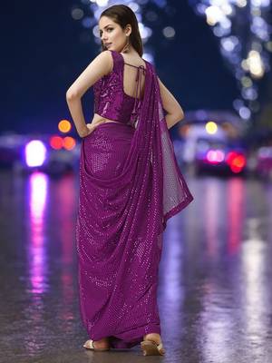 magenta georgette sequins work saree with unstitched blouse piece 3