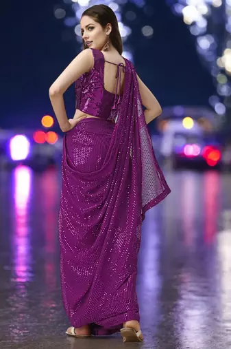 magenta georgette sequins work saree with unstitched blouse piece