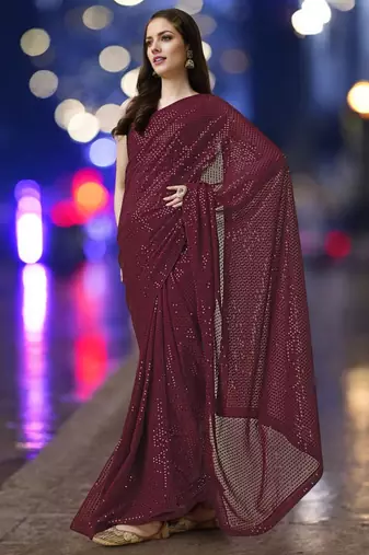 maroon georgette sequins work saree with unstitched blouse piece