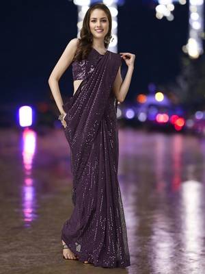 Wine georgette sequins saree with unstitched blouse piece 1