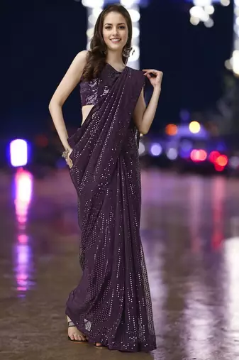 Wine georgette sequins saree with unstitched blouse piece