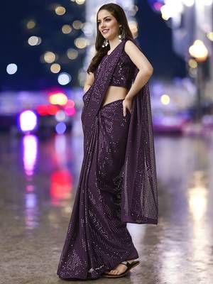 Wine georgette sequins saree with unstitched blouse piece 2