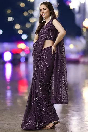 Wine georgette sequins saree with unstitched blouse piece