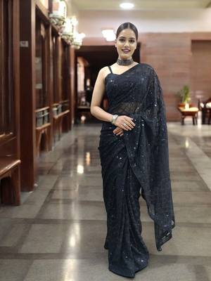 black georgette sequins saree with unstitched blouse piece 1
