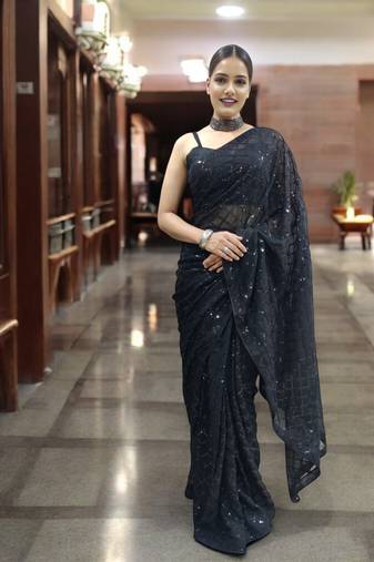 black georgette sequins saree with unstitched blouse piece
