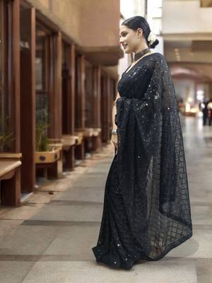 black georgette sequins saree with unstitched blouse piece 2