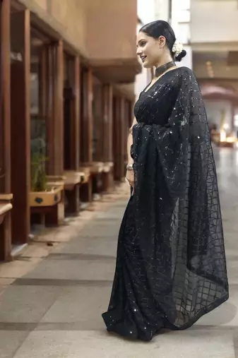black georgette sequins saree with unstitched blouse piece