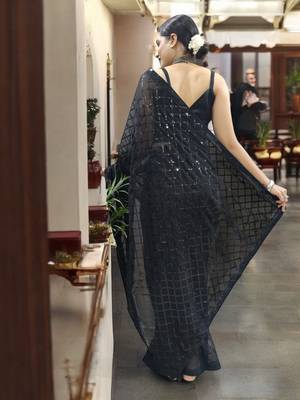 black georgette sequins saree with unstitched blouse piece 3