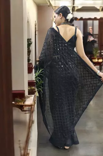 black georgette sequins saree with unstitched blouse piece