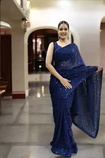 blue georgette sequins saree with unstitched blouse piece