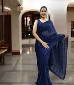 blue georgette sequins saree with unstitched blouse piece