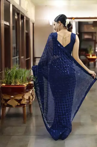 blue georgette sequins saree with unstitched blouse piece