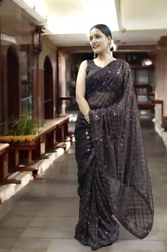 brown georgette sequins saree with unstitched blouse piece