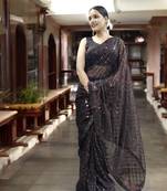 brown georgette sequins saree with unstitched blouse piece