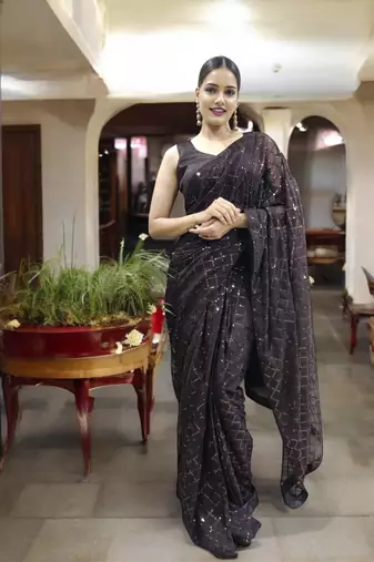 brown georgette sequins saree with unstitched blouse piece