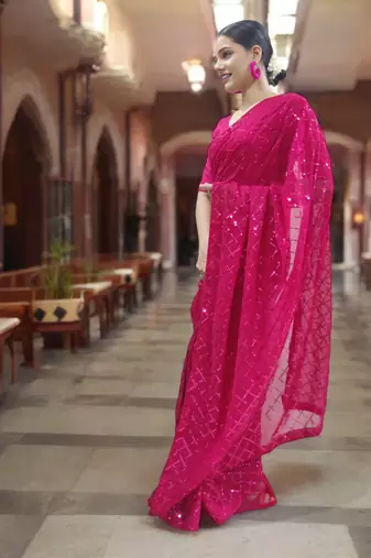 magenta georgette sequins  saree with unstitched blouse piece