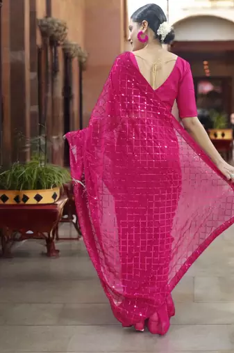 magenta georgette sequins  saree with unstitched blouse piece