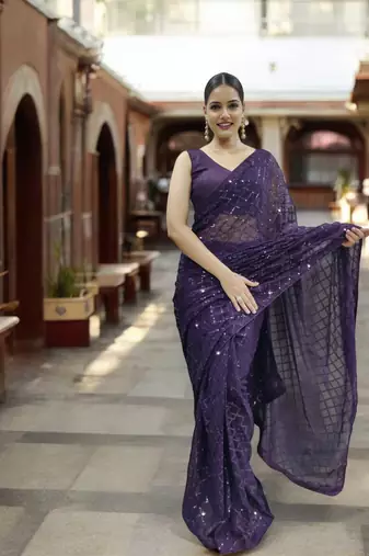 purple georgette sequins saree with unstitched blouse piece