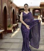 purple georgette sequins saree with unstitched blouse piece