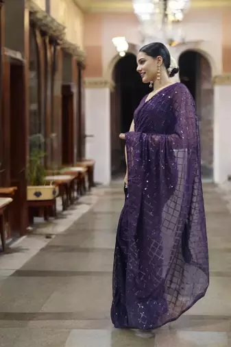 purple georgette sequins saree with unstitched blouse piece