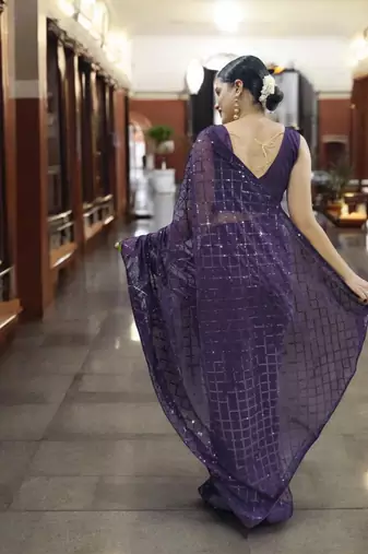 purple georgette sequins saree with unstitched blouse piece