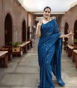 teal georgette sequins saree with unstitched blouse piece