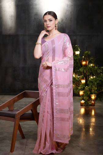 baby pink georgette sequins saree with unstitched blouse piece