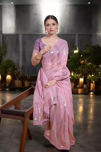 baby pink georgette sequins saree with unstitched blouse piece
