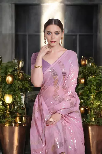baby pink georgette sequins saree with unstitched blouse piece