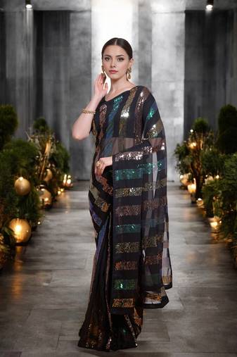 black georgette sequins work saree with unstitched blouse piece