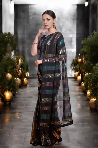 black georgette sequins work saree with unstitched blouse piece