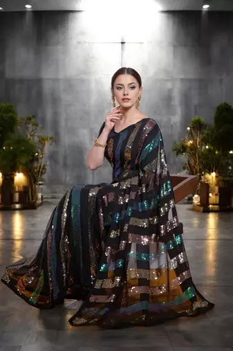 black georgette sequins work saree with unstitched blouse piece