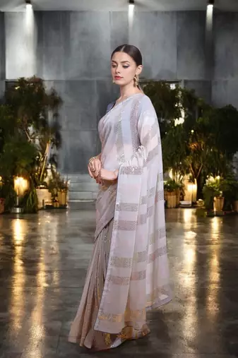 grey georgette sequins saree with unstitched blouse piece