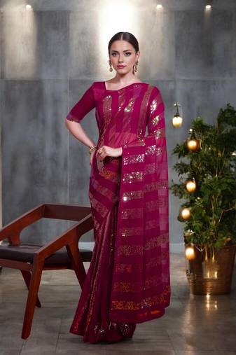 magenta georgette sequins saree with unstitched blouse piece
