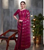 magenta georgette sequins saree with unstitched blouse piece