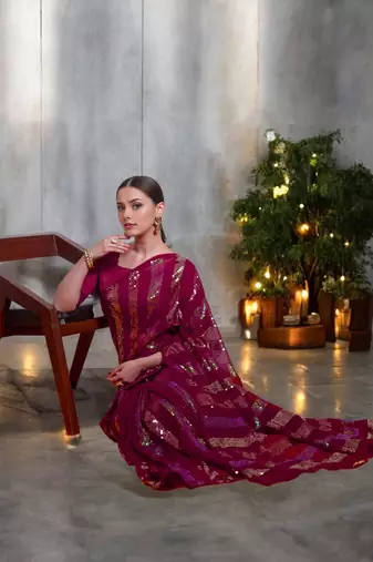 magenta georgette sequins saree with unstitched blouse piece