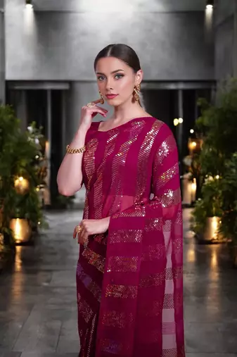 magenta georgette sequins saree with unstitched blouse piece