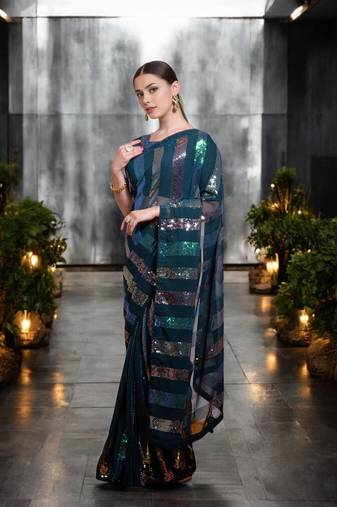 teal georgette sequins saree with unstitched blouse piece