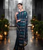 teal georgette sequins saree with unstitched blouse piece