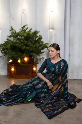 teal georgette sequins saree with unstitched blouse piece