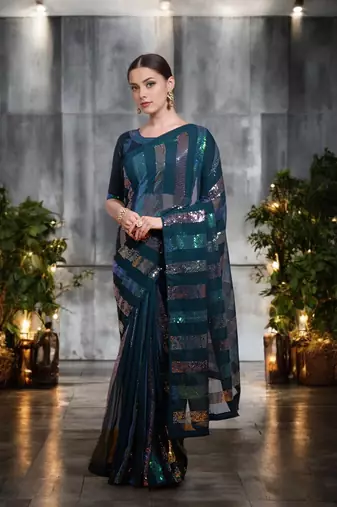 teal georgette sequins saree with unstitched blouse piece