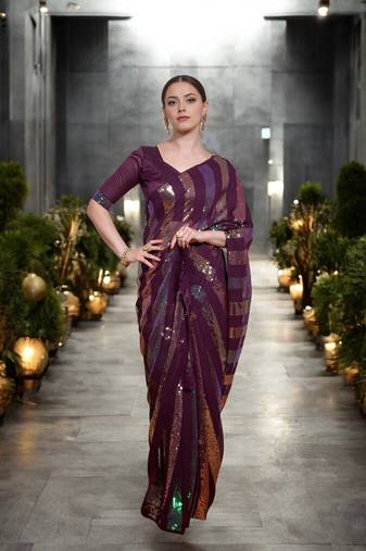 wine georgette sequins saree with unstitched blouse piece