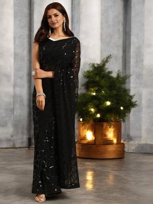 black georgette sequins saree with unstitched blouse piece 1