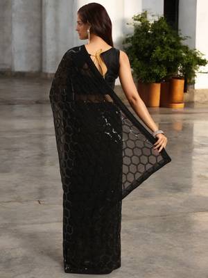 black georgette sequins saree with unstitched blouse piece 3