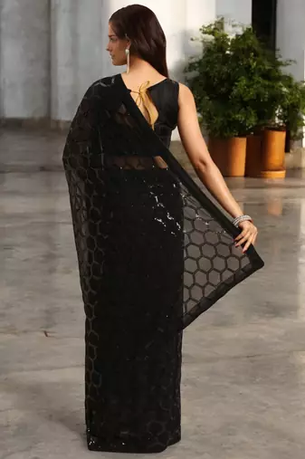 black georgette sequins saree with unstitched blouse piece