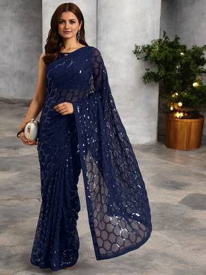 blue georgette sequins saree with unstitched blouse piece 1