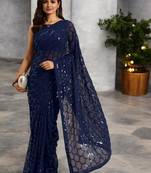 blue georgette sequins saree with unstitched blouse piece