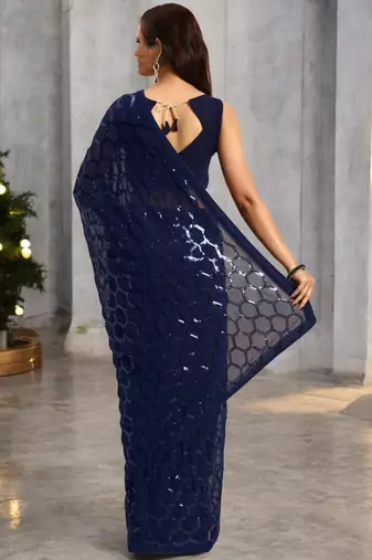 blue georgette sequins saree with unstitched blouse piece