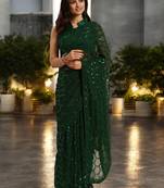green georgette sequins saree with unstitched blouse piece